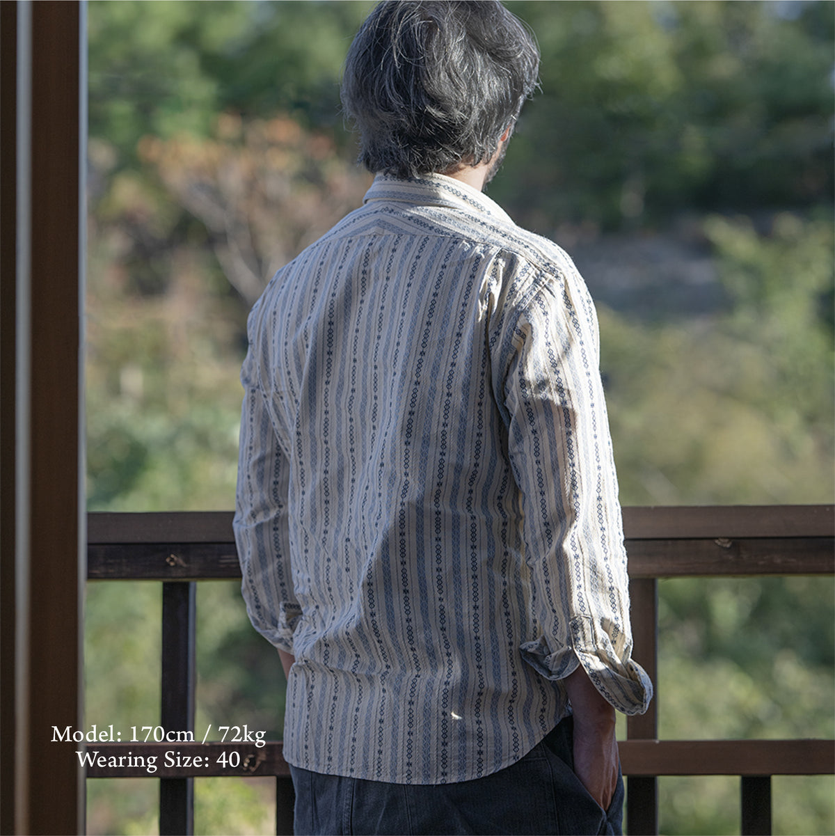 PREQUEL S1023 Classic Stripe Work Shirt (Beige), back view on a model.