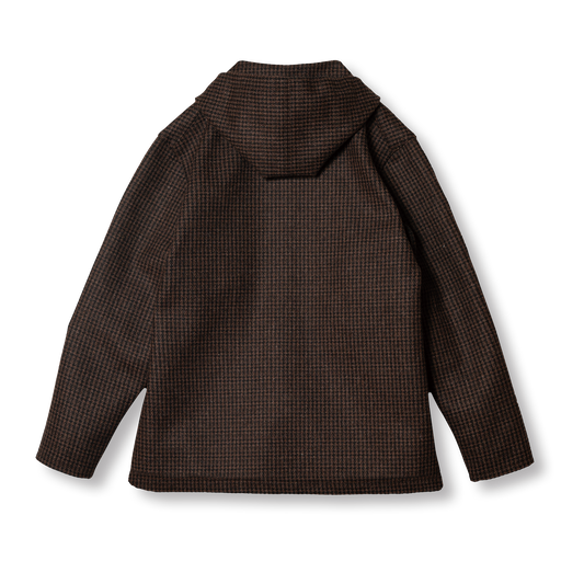 PREQUEL J1021S Check Cadet Jacket in brown houndstooth wool, back view showing the hood and shorter jacket silhouette.