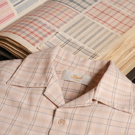 S1007 Checked Open-Collar Shirt (Beige) チェックオープンカラーシャツ(ベージュ)