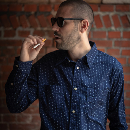 PREQUEL S1026IND Indigo Work Shirt (Indigo), model wearing the shirt.