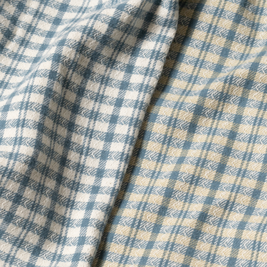 S1030 woven check fabric color comparison: Blue on the left and Yellow on the right.