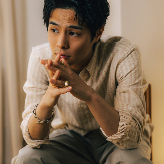 PREQUEL S1031 Striped Shirt (Beige), model wearing the shirt.