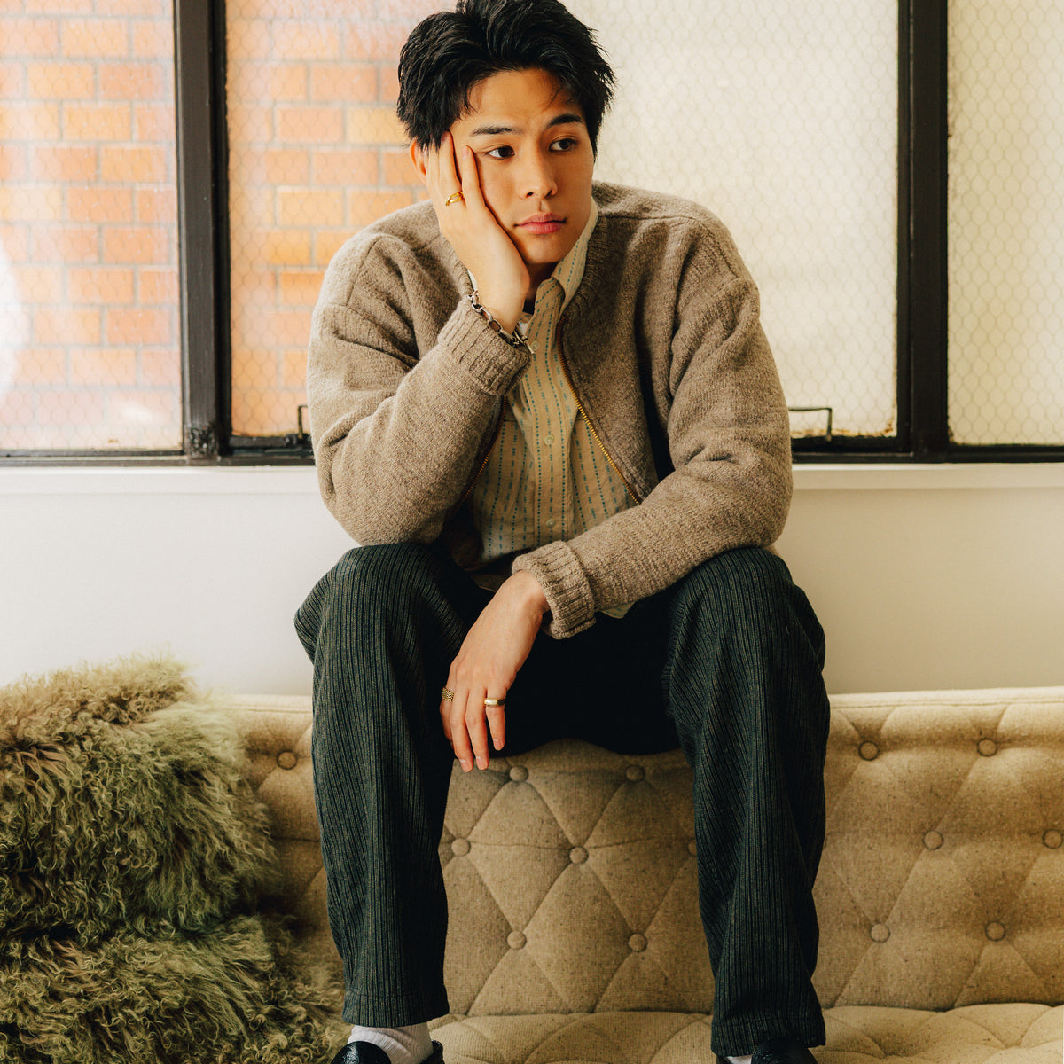 K1002 Zip Fisherman's Sweater in Light Grey, styled on a model
