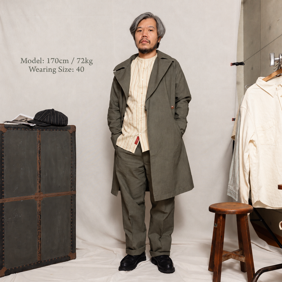 PREQUEL J1005 Military Wrap Coat (Khaki), worn by a model, showing the fit and styling.