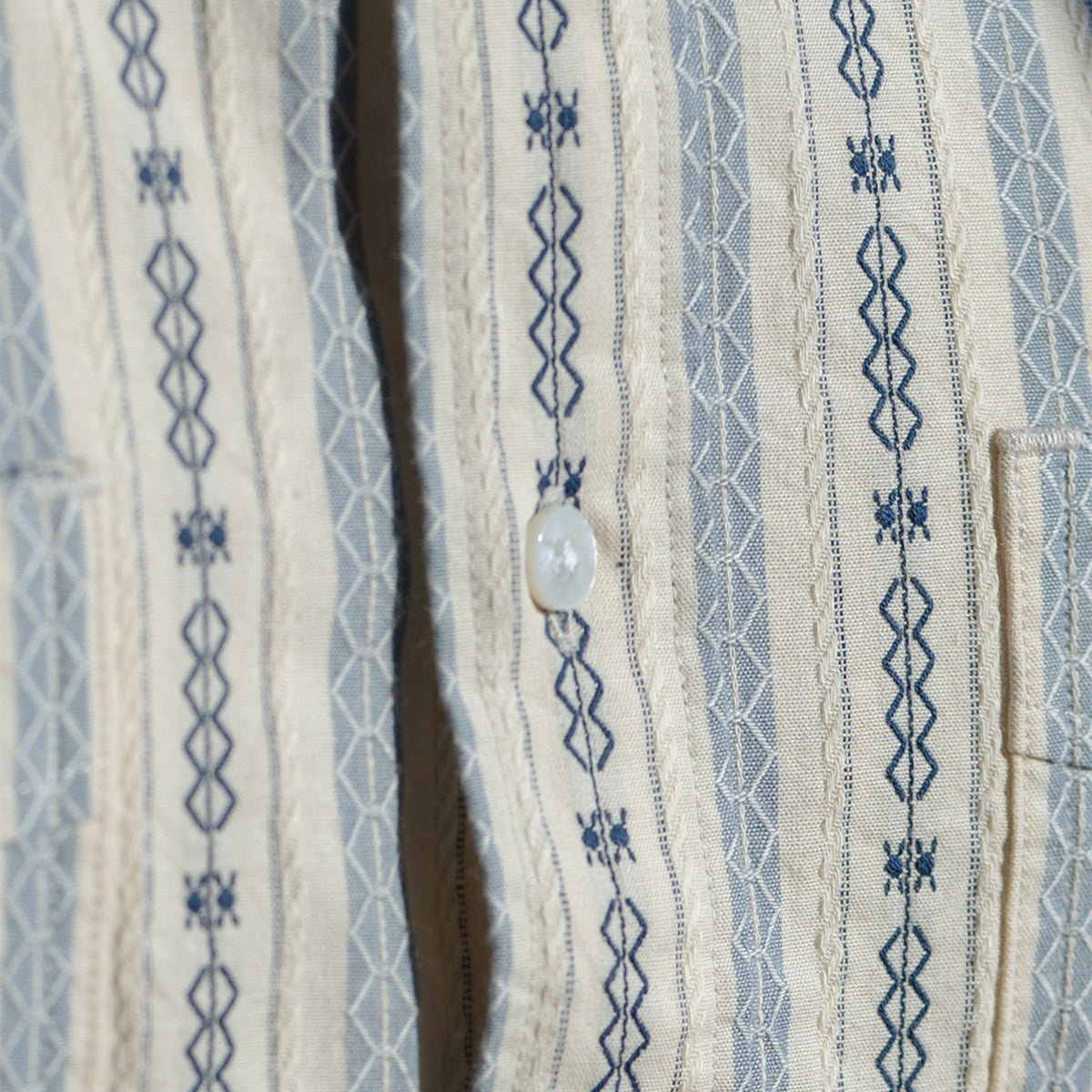 PREQUEL S1023 Classic Stripe Work Shirt (Beige), close-up of the buttons and fabric texture.