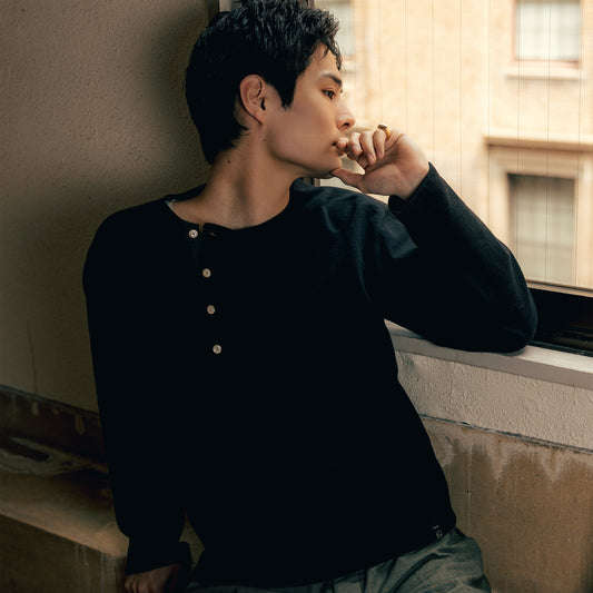 C1011 Henley Sweatshirt (Black) ヘンリースウェットシャツ (ブラック)