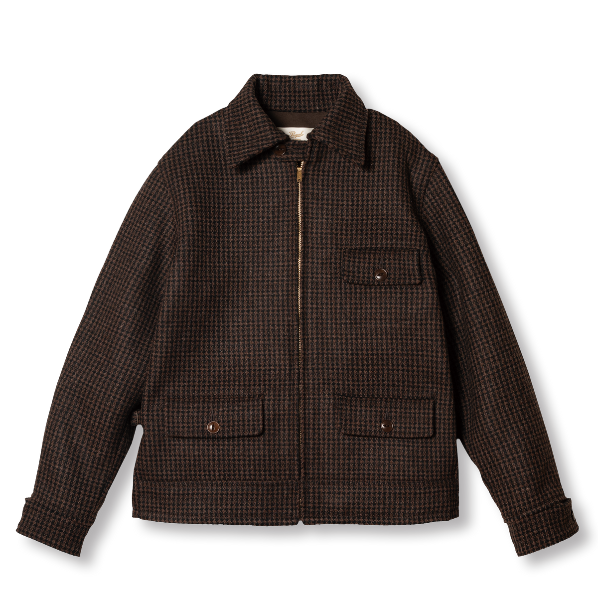 PREQUEL J1016 30s Sports Jacket in brown houndstooth wool, front view with zip fastening and flap pockets.