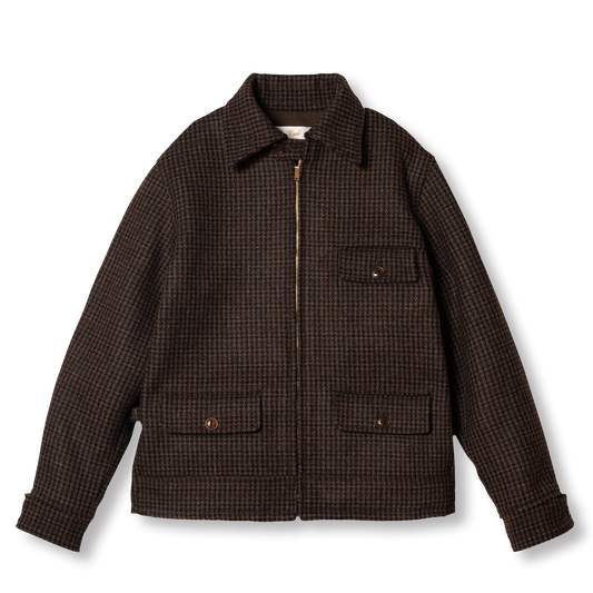 PREQUEL J1016 30s Sports Jacket in brown houndstooth wool, front view with zip fastening and flap pockets.