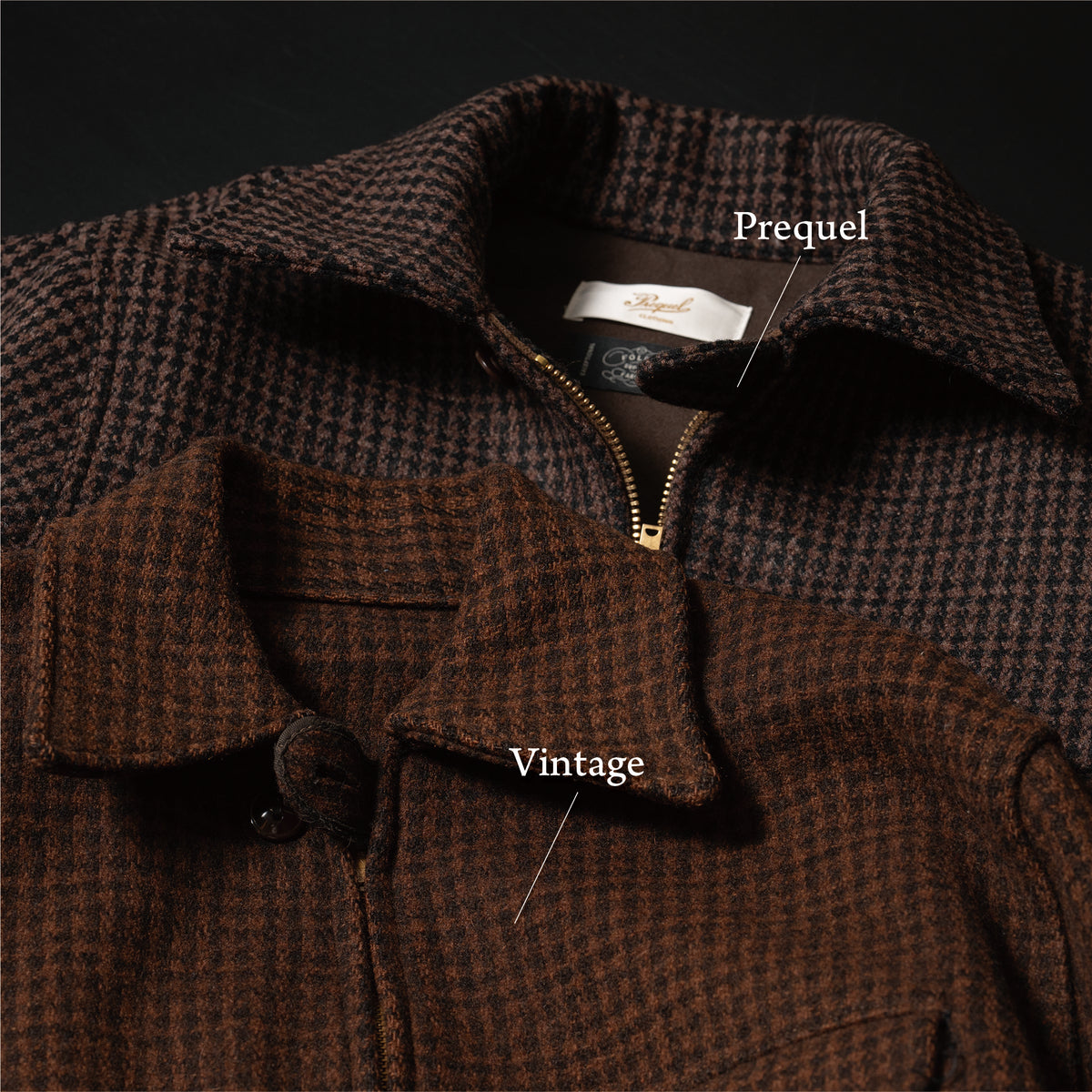 PREQUEL J1016 fabric and collar detail compared with its vintage inspiration; the pieces are labeled Prequel and Vintage.