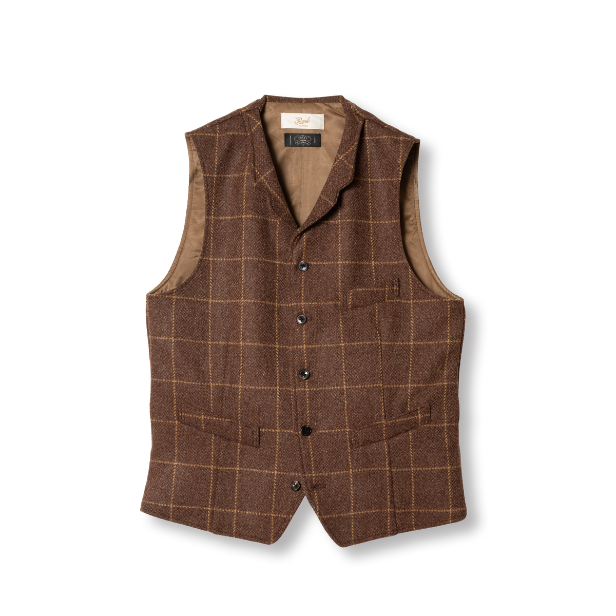 PREQUEL J1017 British Wool Gilet in brown windowpane check, front view with lapels and five buttons.