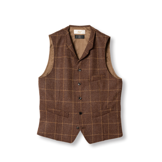 PREQUEL J1017 British Wool Gilet in brown windowpane check, front view with lapels and five buttons.