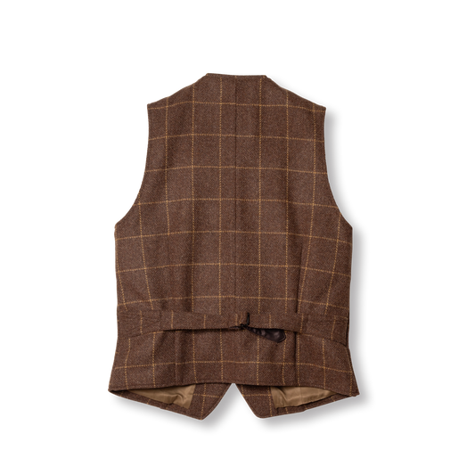 PREQUEL J1017 British Wool Gilet in brown windowpane check, back view with adjustable buckle strap.