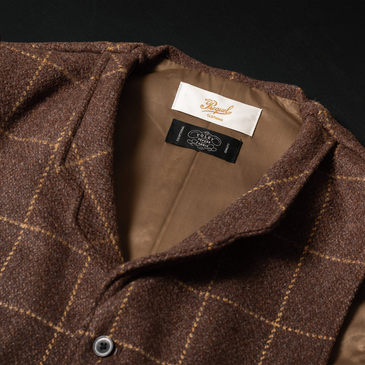 PREQUEL J1017 British Wool Gilet, brown checked wool, lapel and lining detail.