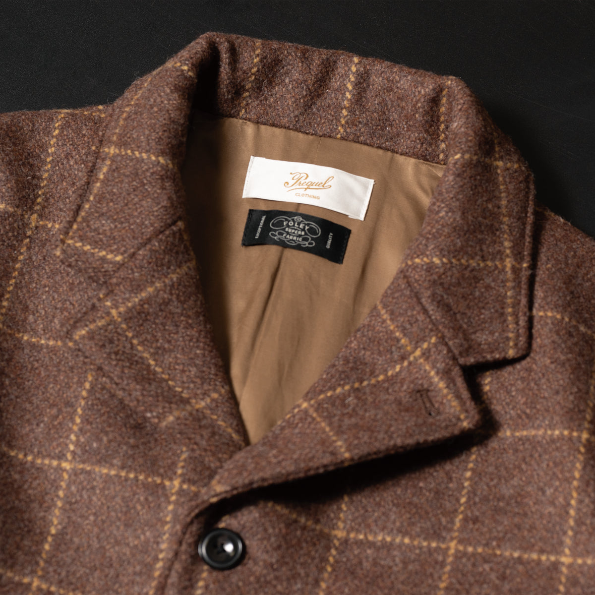 PREQUEL J1018 British Wool Jacket, brown windowpane wool, lapel and lining detail.