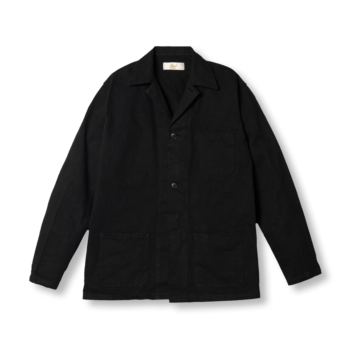 PREQUEL J1019A black Off-Duty Jacket, front view with an open collar and chest and waist patch pockets.