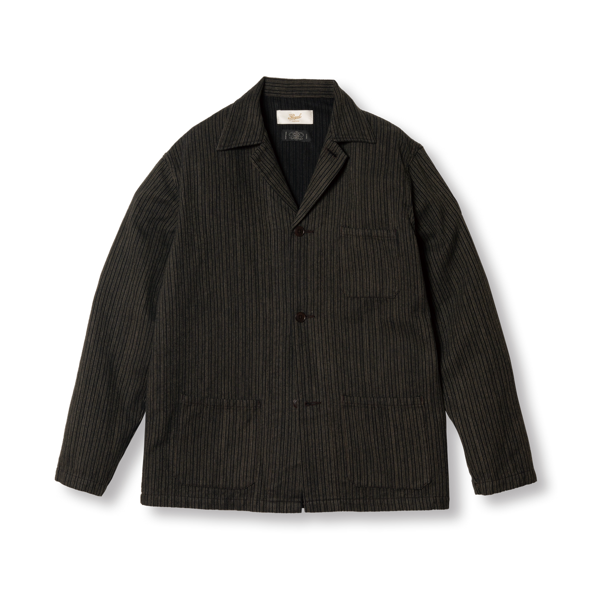 PREQUEL J1019B brown Off-Duty Stripe Jacket, front view with an open collar, chest pocket and two waist patch pockets.