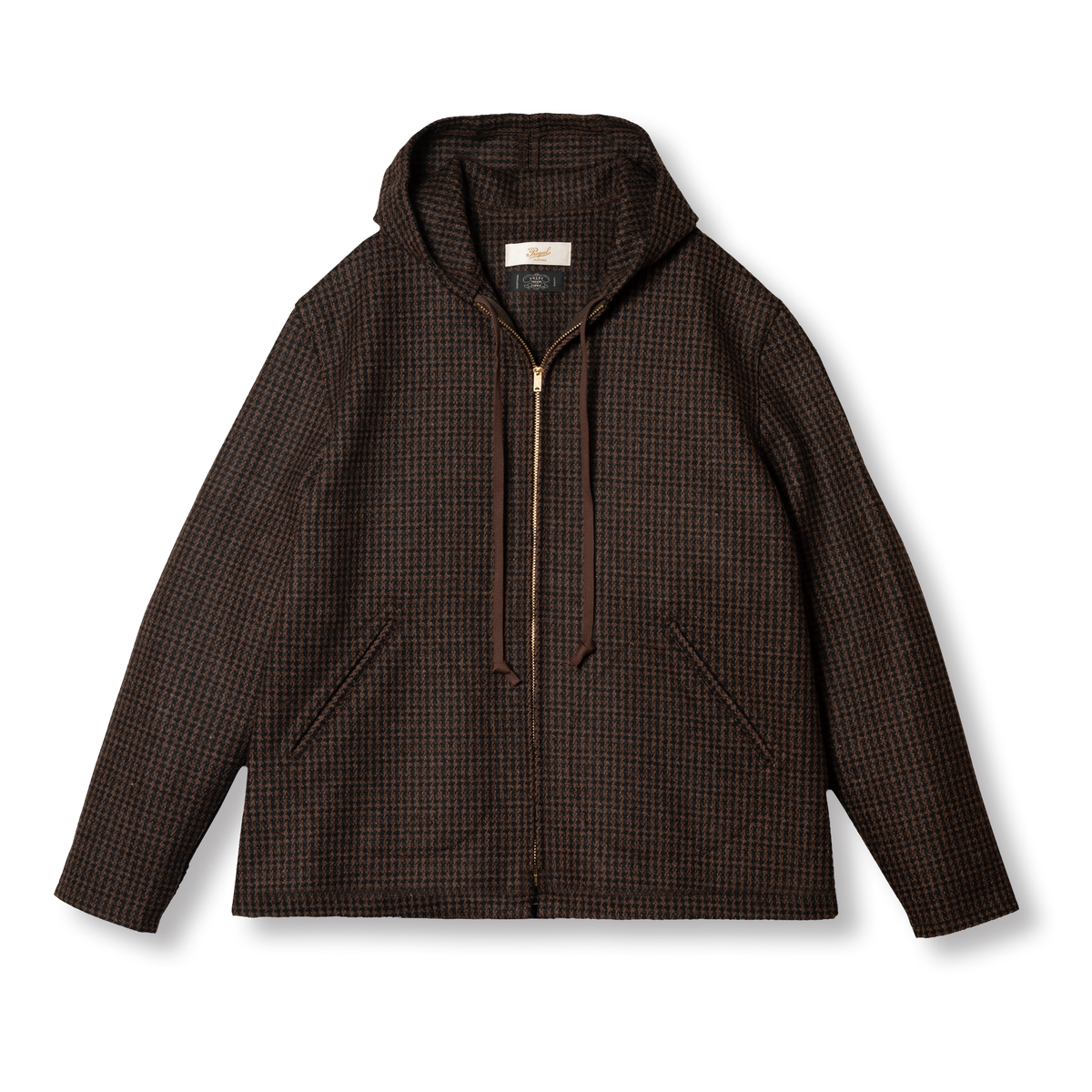 PREQUEL J1021S Check Cadet Jacket in brown houndstooth wool, front view with hood, zip fastening and angled pockets.