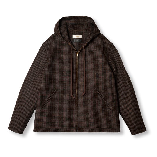 PREQUEL J1021S Check Cadet Jacket in brown houndstooth wool, front view with hood, zip fastening and angled pockets.