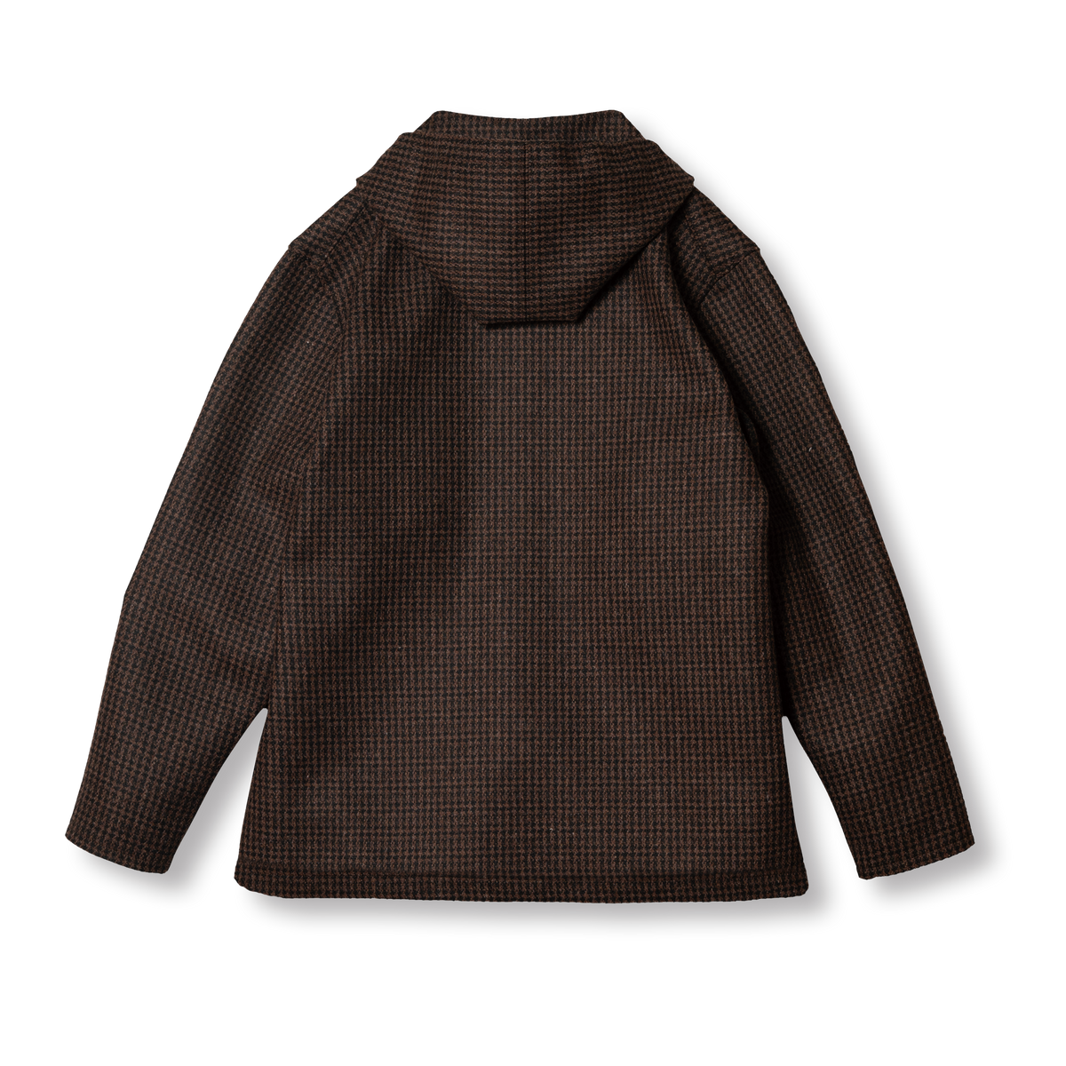 PREQUEL J1021S Check Cadet Jacket in brown houndstooth wool, back view showing the hood and shorter jacket silhouette.