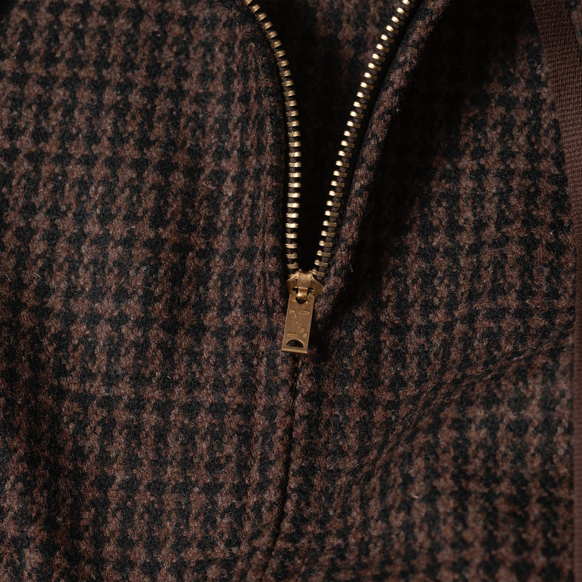 PREQUEL J1021S Check Cadet Jacket, close-up of the brown houndstooth wool and front zipper.