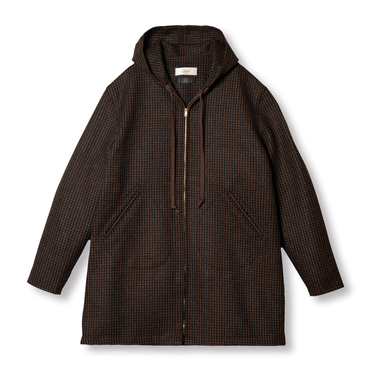 PREQUEL J1021 Check Cadet Coat in brown houndstooth wool, front view with hood, zip fastening and slanted pockets.