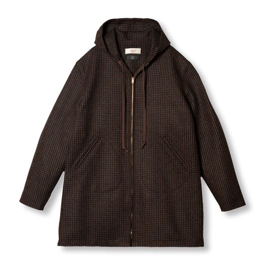 PREQUEL J1021 Check Cadet Coat in brown houndstooth wool, front view with hood, zip fastening and slanted pockets.