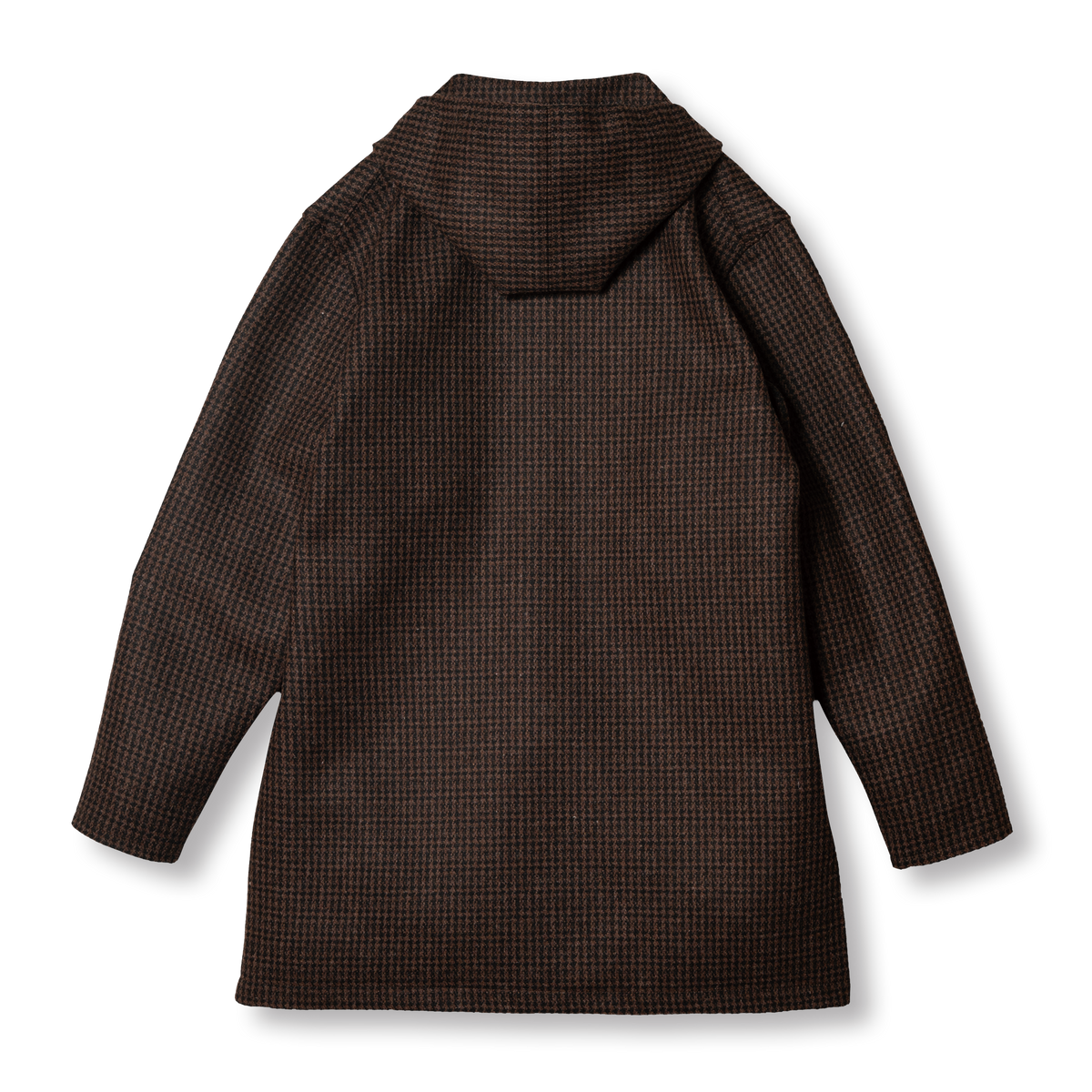 PREQUEL J1021 Check Cadet Coat in brown houndstooth wool, back view showing the hood and long silhouette.
