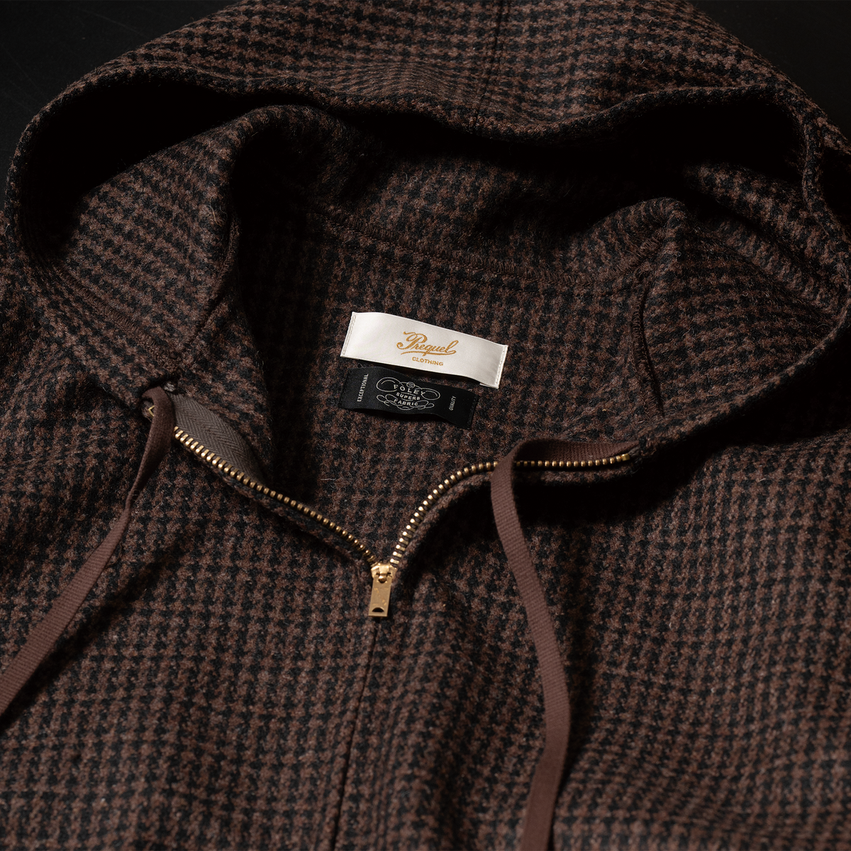 PREQUEL J1021 Check Cadet Coat, close-up of the brown houndstooth wool, hood, drawcord and front zip.