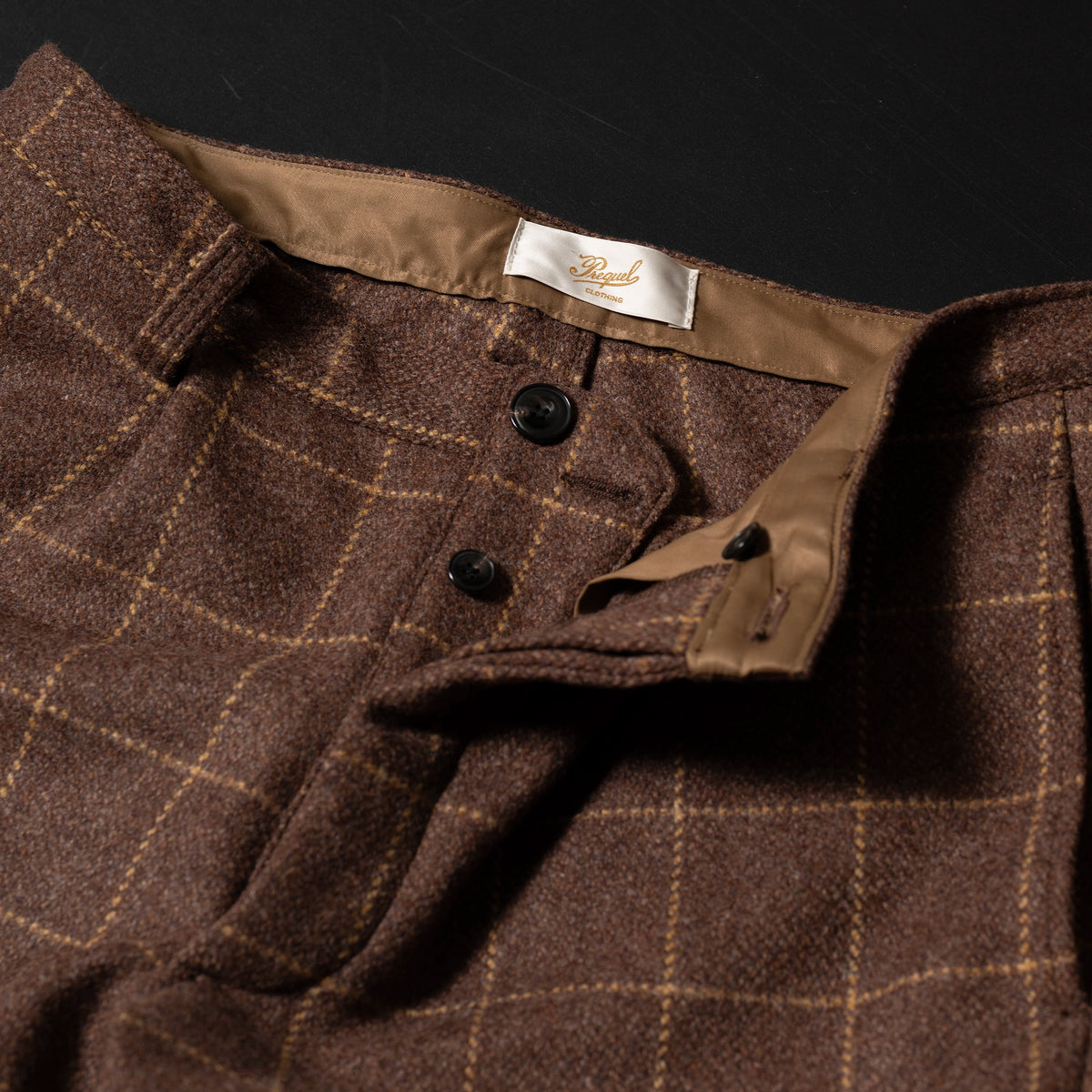 PREQUEL P1007 British Wool Trousers, waistband and button fly detail.