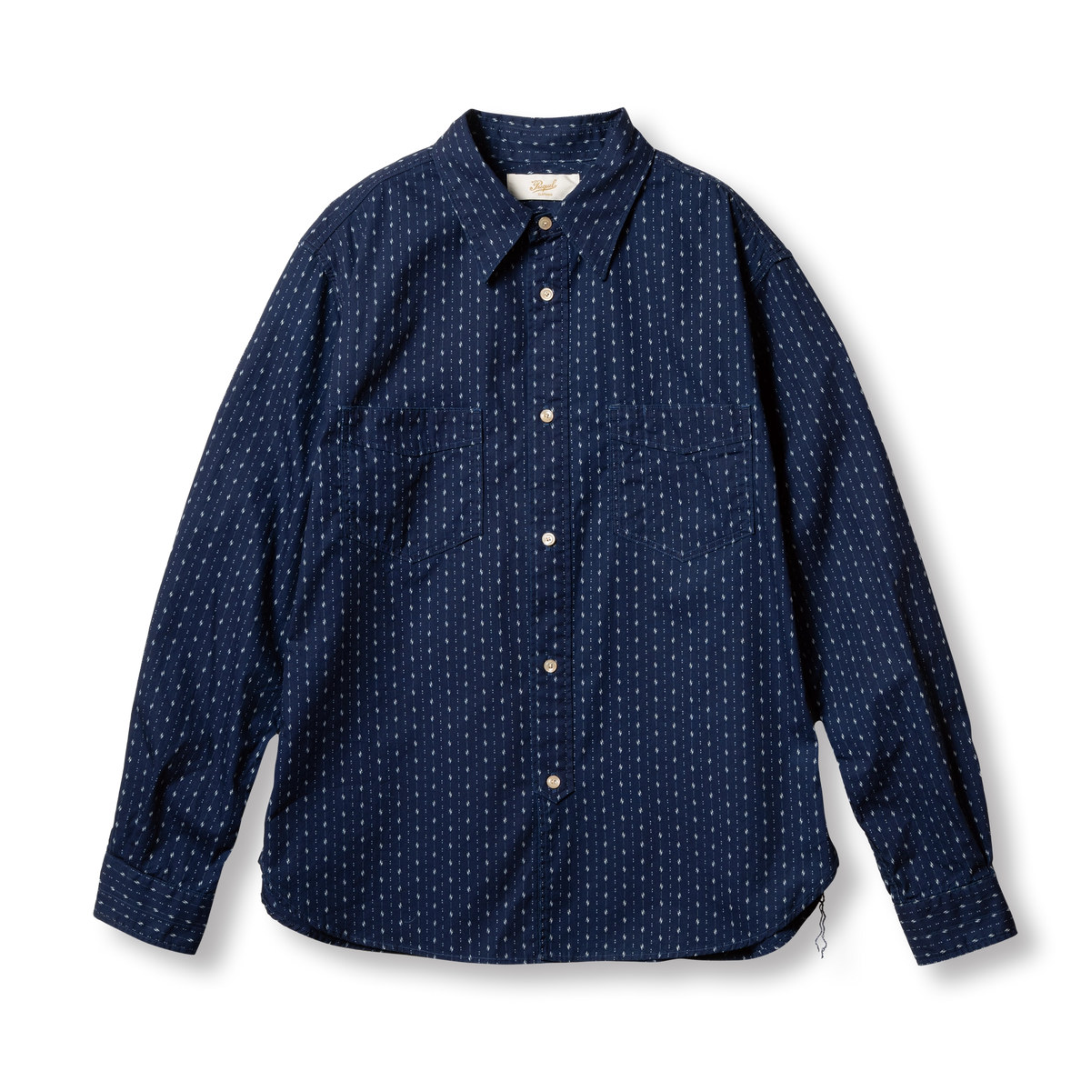PREQUEL S1026IND Indigo Work Shirt (Indigo), front view showing the two chest pockets and curved hem.