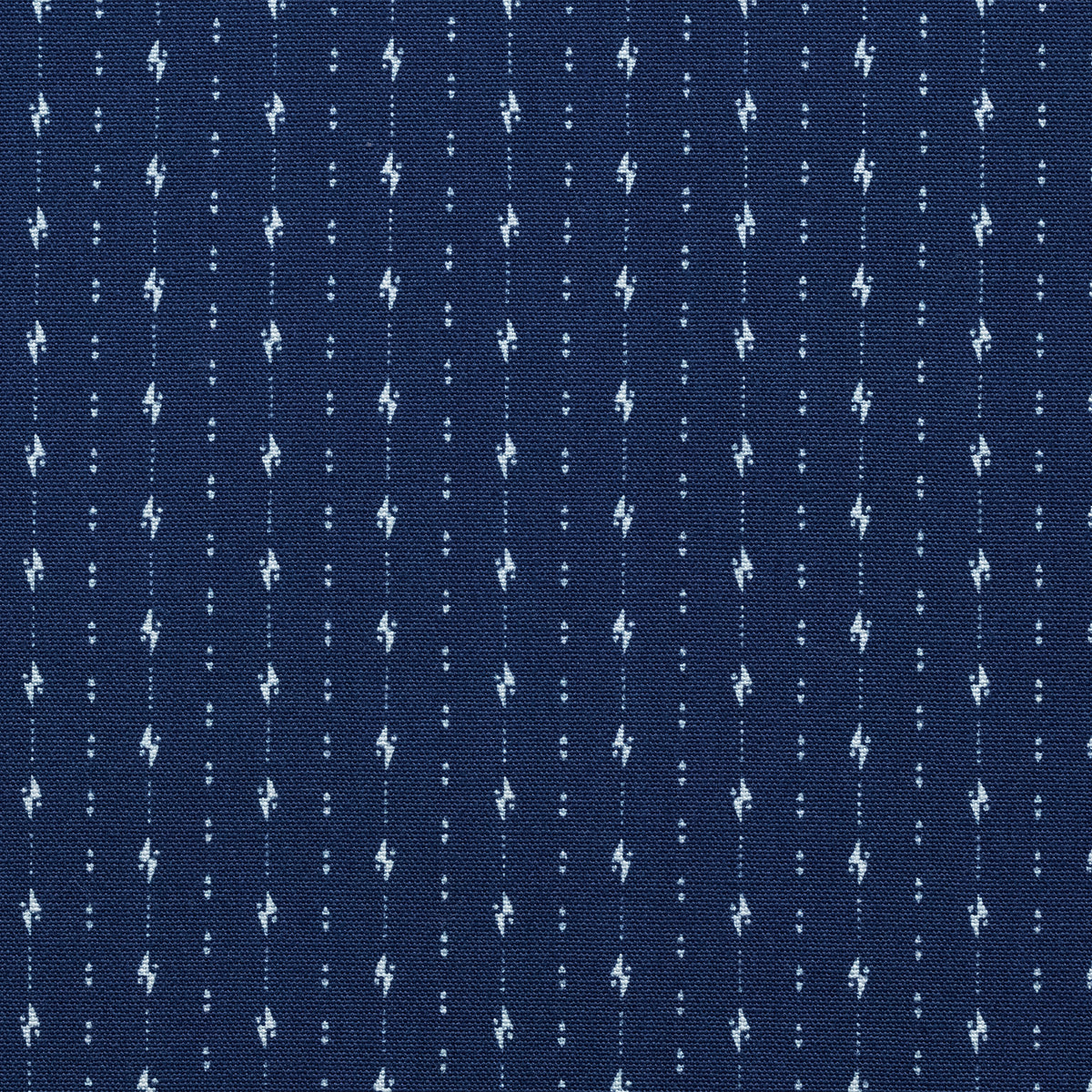Close-up of the PREQUEL S1026IND indigo fabric with vertical white discharge-printed motifs.