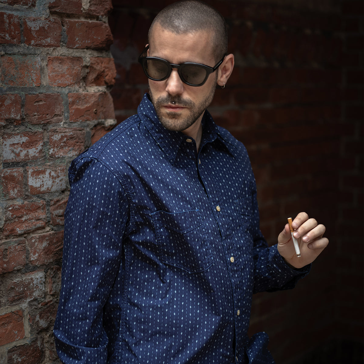 PREQUEL S1026IND Indigo Work Shirt (Indigo), second model view showing the fit and chest pockets.