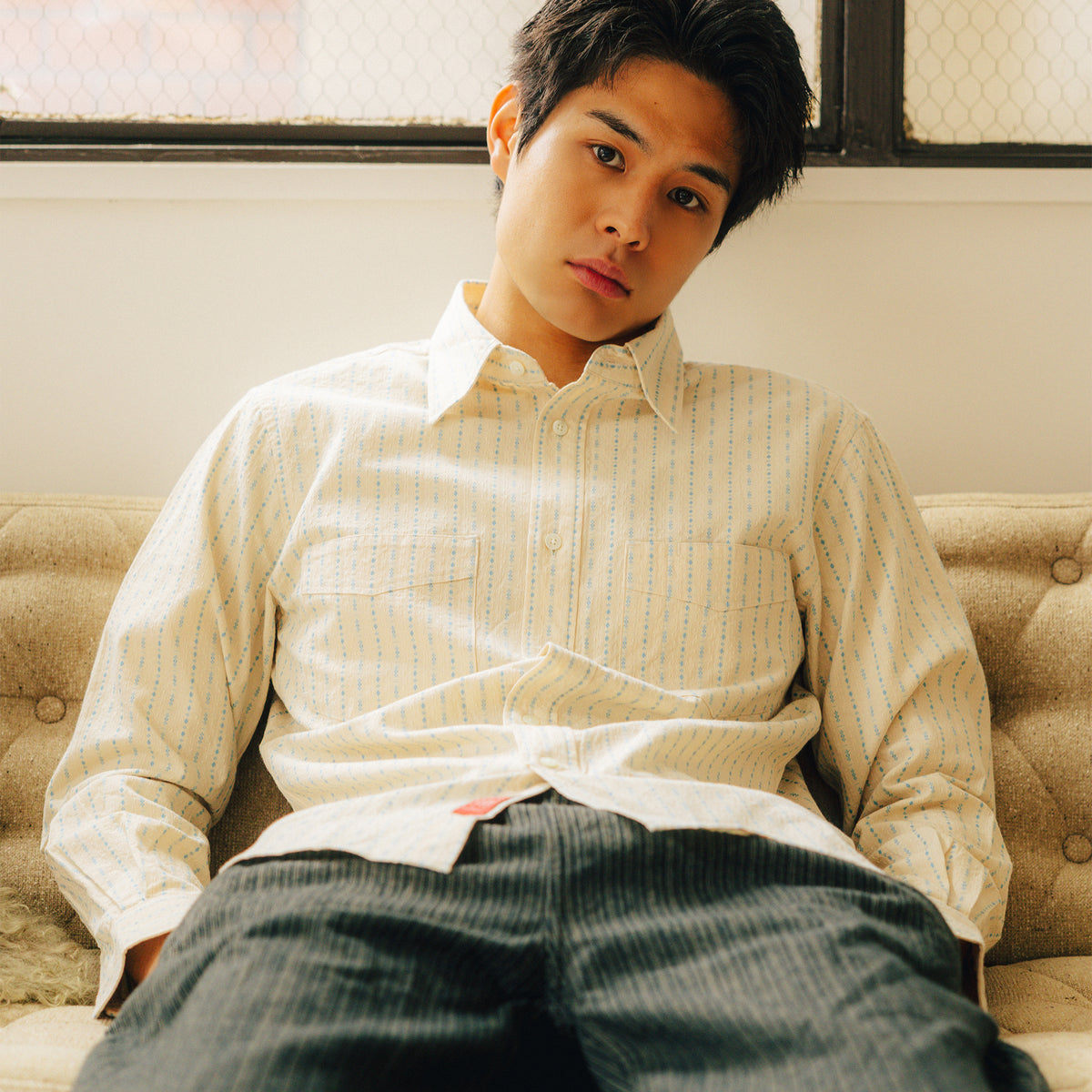 PREQUEL S1029 Striped Shirt (Stripe), model wearing the shirt.