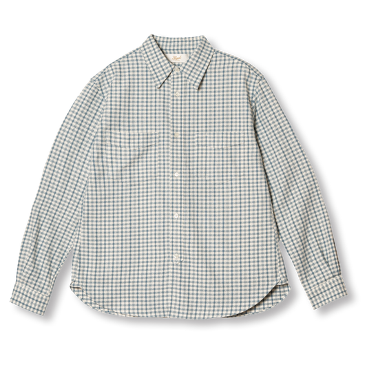 PREQUEL S1030 Check Shirt (Blue), front view showing the woven check pattern and curved hem.