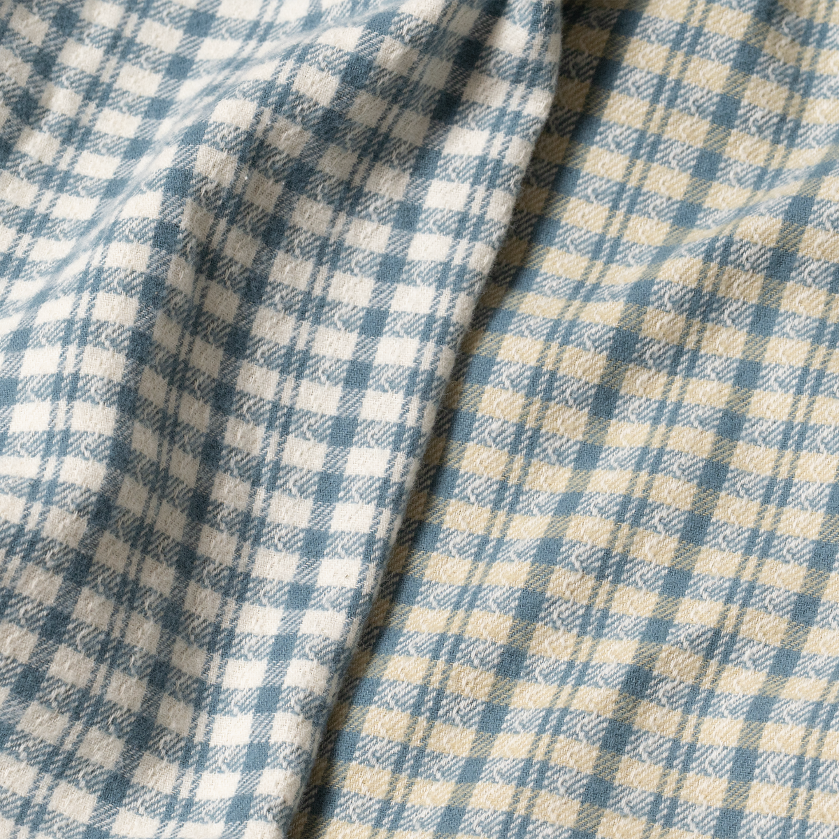 S1030 woven check fabric color comparison: Blue on the left and Yellow on the right.
