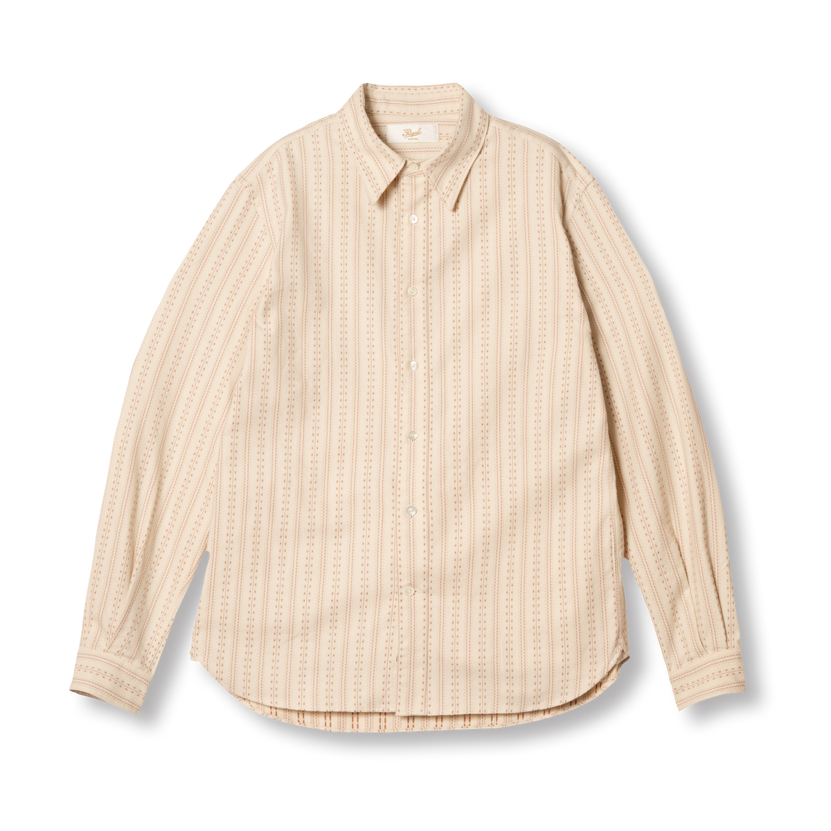 PREQUEL S1031 Striped Shirt (Beige), front view showing the standard collar, dobby stripes and curved hem.