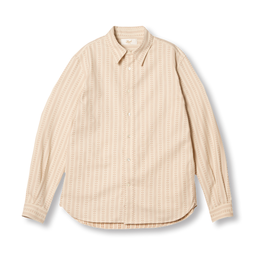 PREQUEL S1031 Striped Shirt (Beige), front view showing the standard collar, dobby stripes and curved hem.