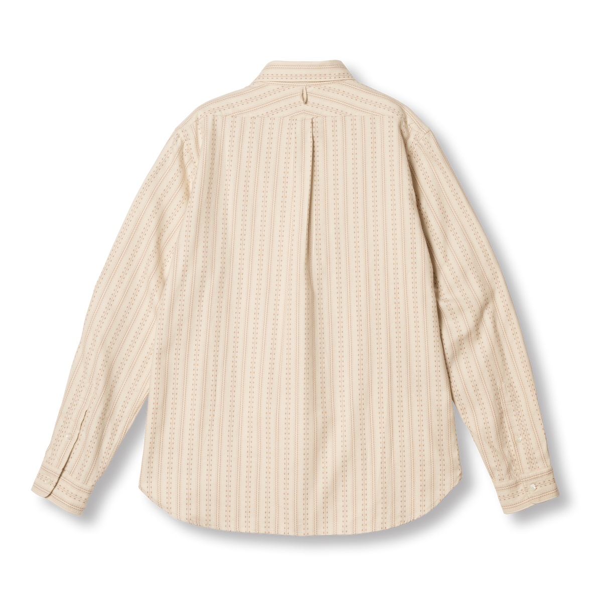 PREQUEL S1031 Striped Shirt (Beige), back view showing the split yoke, center pleat and curved hem.