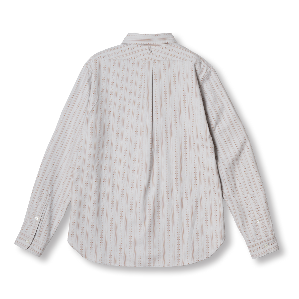 PREQUEL S1031 Striped Shirt (Blue), back view showing the split yoke, center pleat and curved hem.