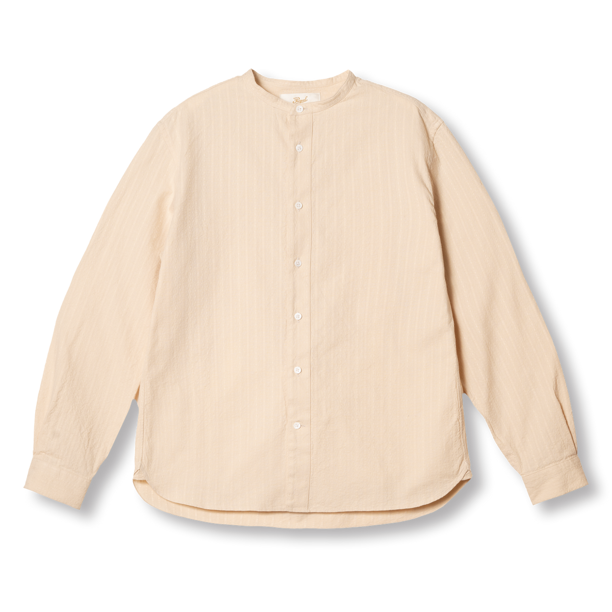 PREQUEL S1032 Stand-up Collar Shirt (Beige), front view showing the stand-up collar, woven stripe fabric and curved hem.