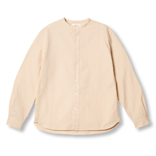PREQUEL S1032 Stand-up Collar Shirt (Beige), front view showing the stand-up collar, woven stripe fabric and curved hem.