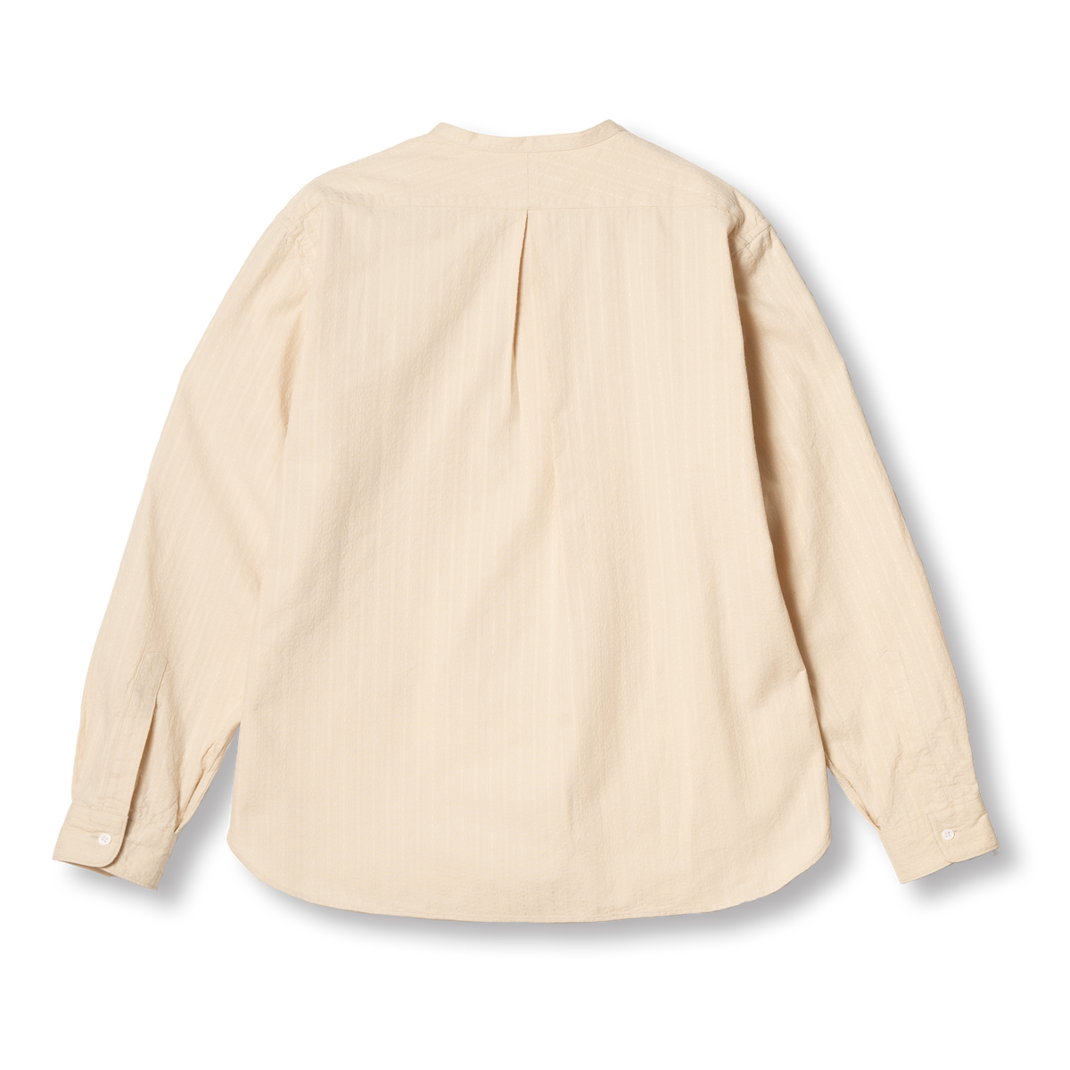 PREQUEL S1032 Stand-up Collar Shirt (Beige), back view showing the split yoke, center pleat and curved hem.