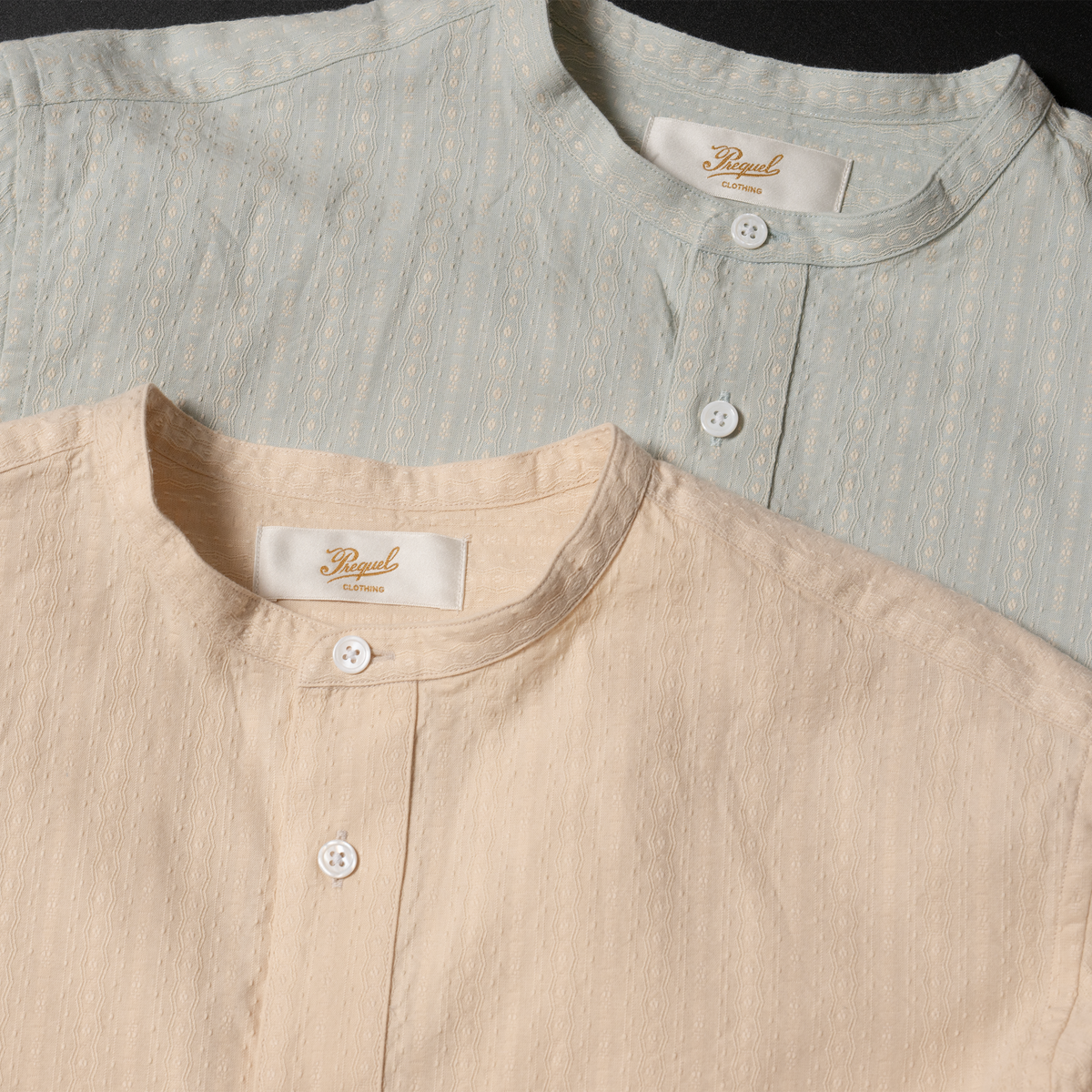 PREQUEL S1032 collar and woven fabric detail, with Beige in the foreground and Blue-Gray behind.