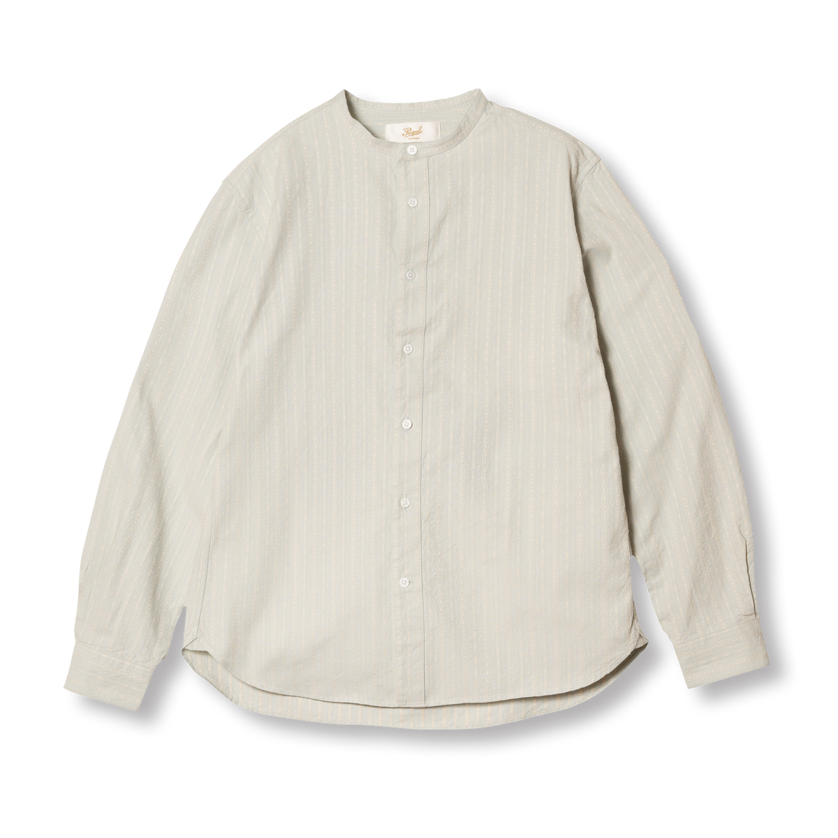 PREQUEL S1032 Stand-up Collar Shirt (Blue-Grey), front view showing the stand-up collar, woven stripe fabric and curved hem.