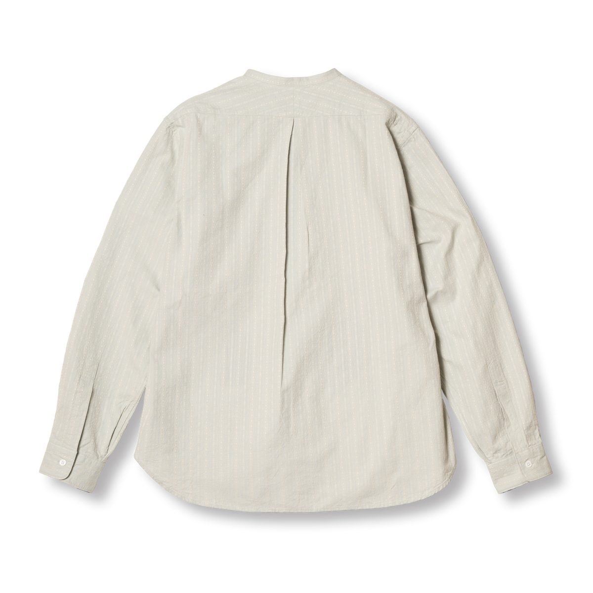 PREQUEL S1032 Stand-up Collar Shirt (Blue-Grey), back view showing the split yoke, center pleat and curved hem.